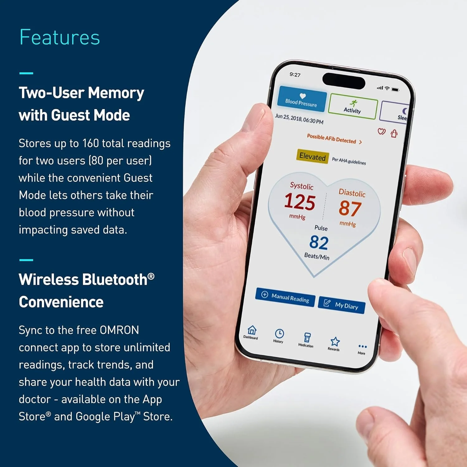 Omron Gold - Two-user memory storing up to 80 readings per user. Sync to the free Omron Connect App.
