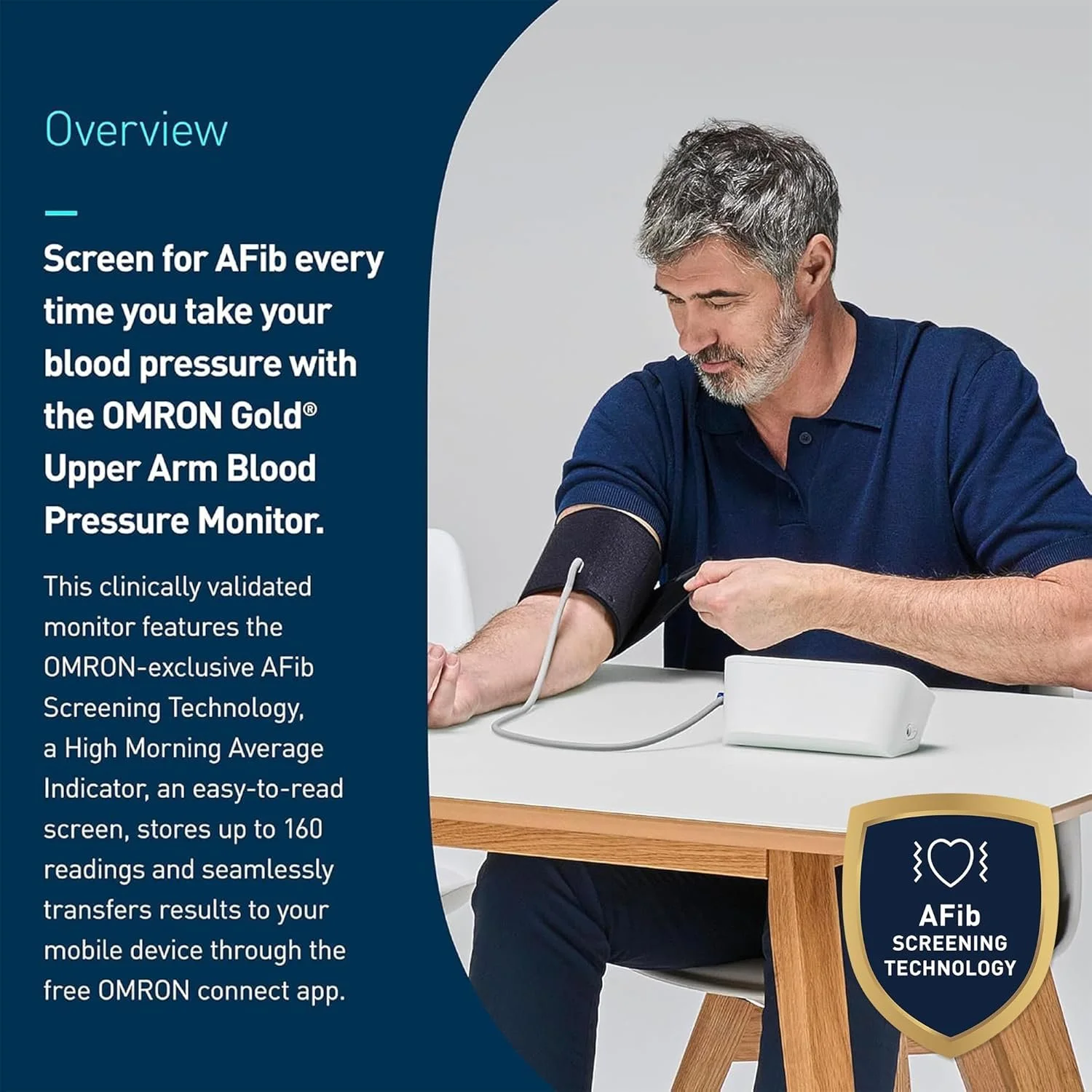 Omron Gold Overview - Clinically validated, Afib Screening, Easy to read display, Stores up to 160 readings, Sync to the free Omron Connect App.