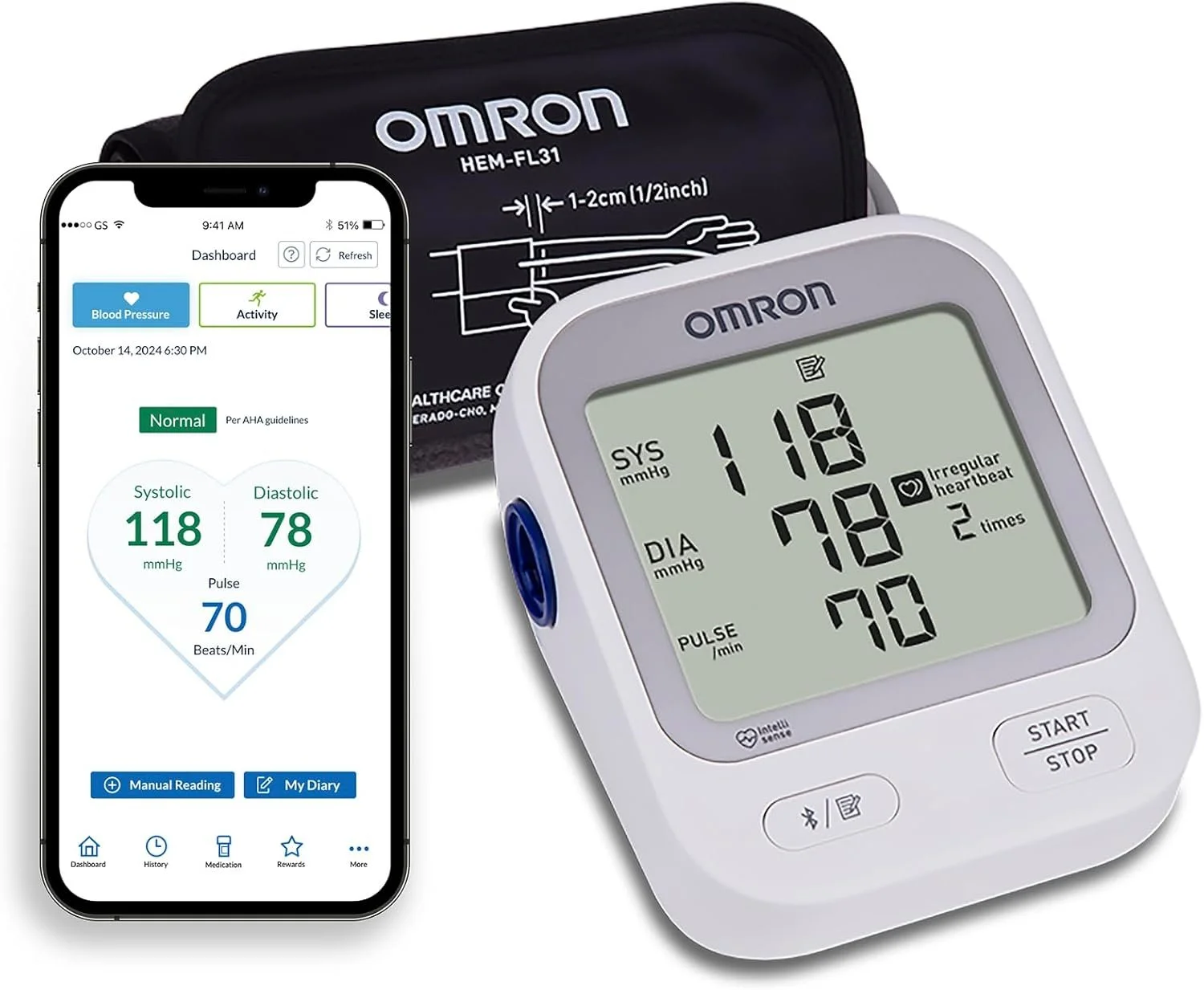 Omron Silver upper arm blood pressure monitor which can sync to the free Omron Connect App.