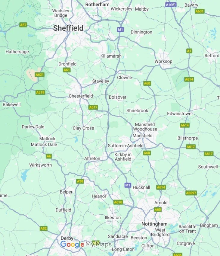 A map of the Sheffield area in England showing roads, towns, and nearby cities.