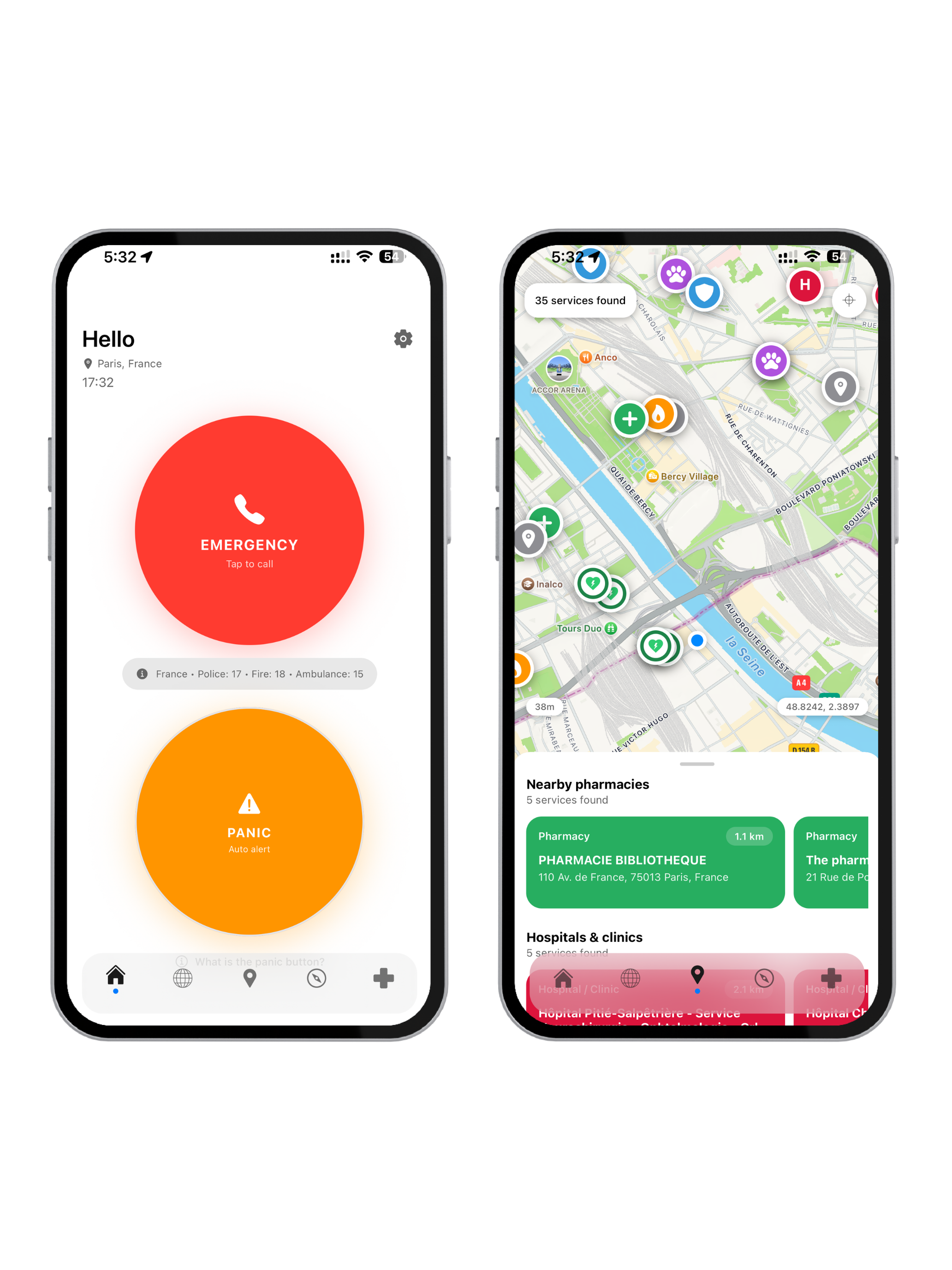 Two smartphone screens displaying a safety or emergency app. The left screen shows an emergency call interface with a large red button labeled 'EMERGENCY' and an orange button labeled 'PANIC'. The right screen shows a map with nearby services, including pharmacies and hospitals, marked with icons and their details.