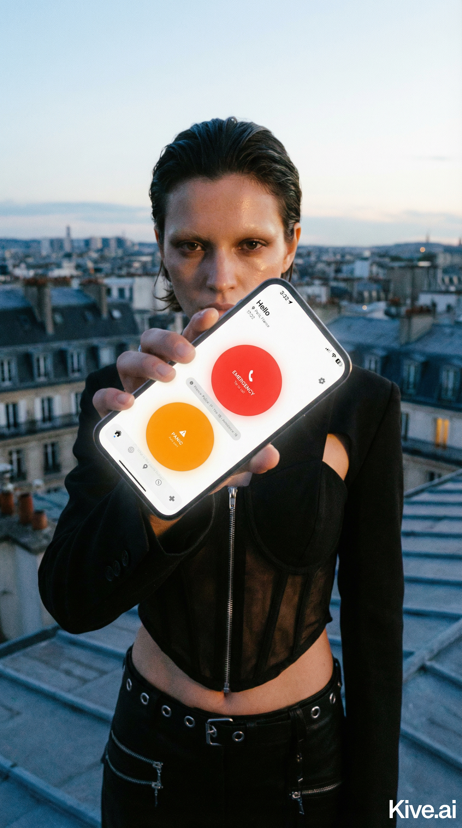 A person with short dark hair holding a smartphone with a panic and emergency alert screen, standing on a rooftop in a city at dusk.