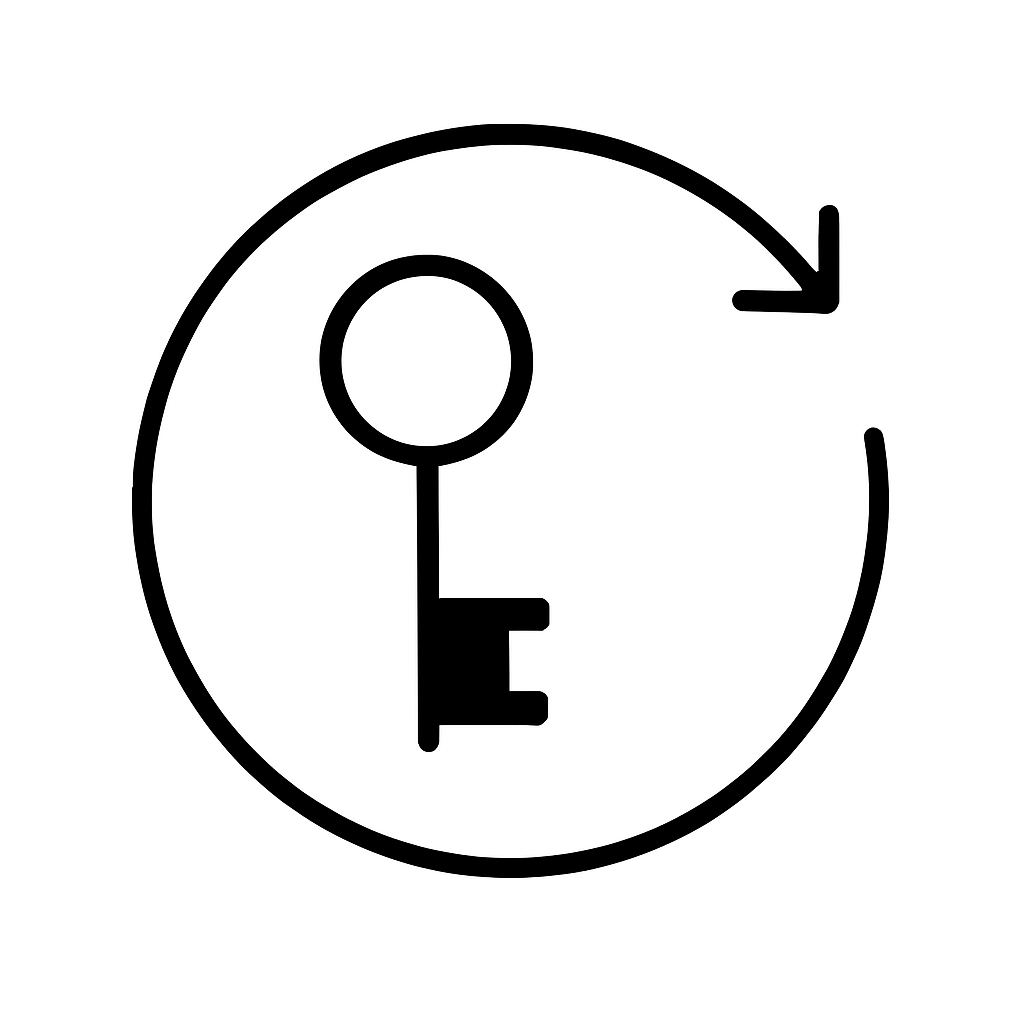 A black line drawing of a circular arrow surrounding a key, symbolizing a key rotation or cycle.
