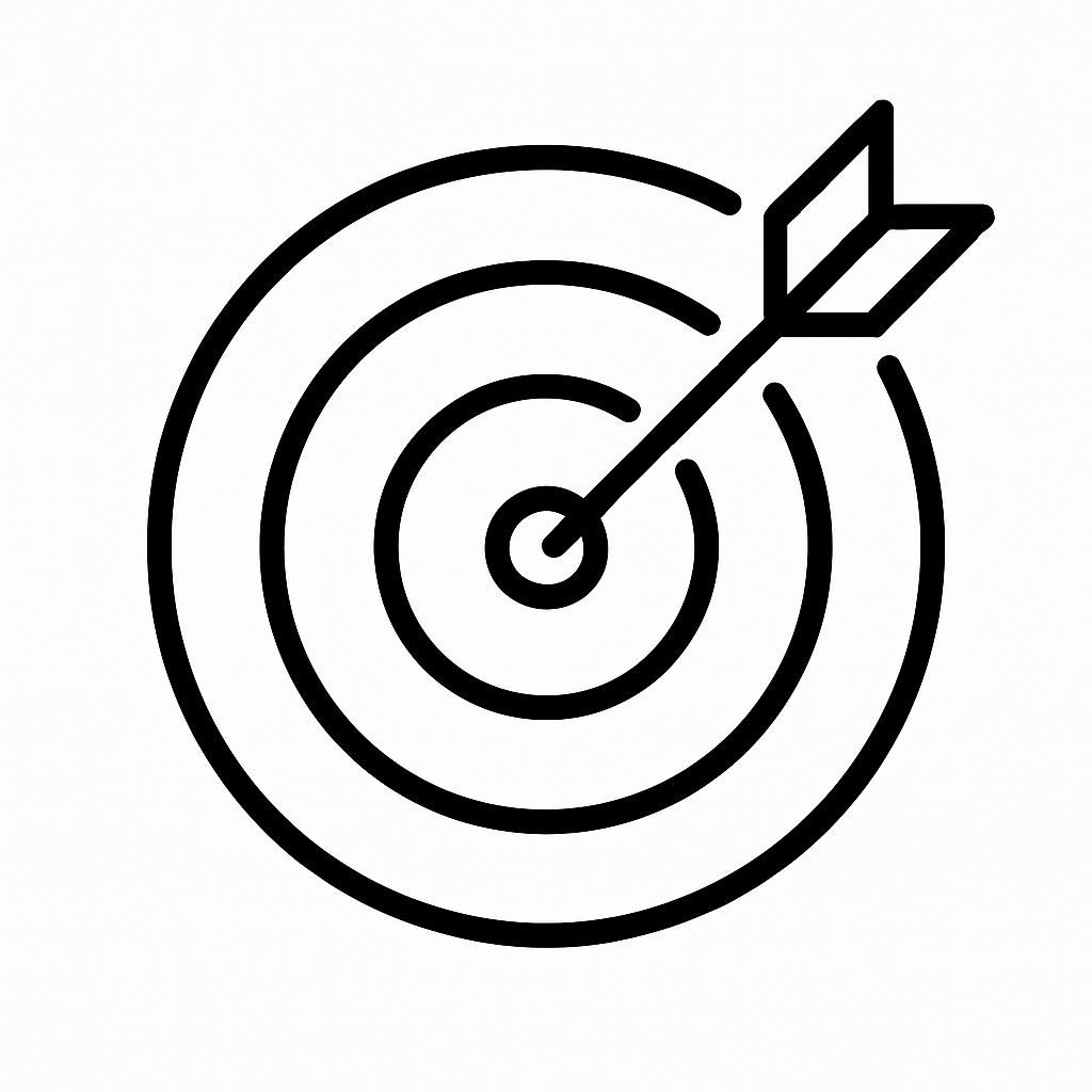 A black and white line drawing of a target with an arrow hitting the bullseye.