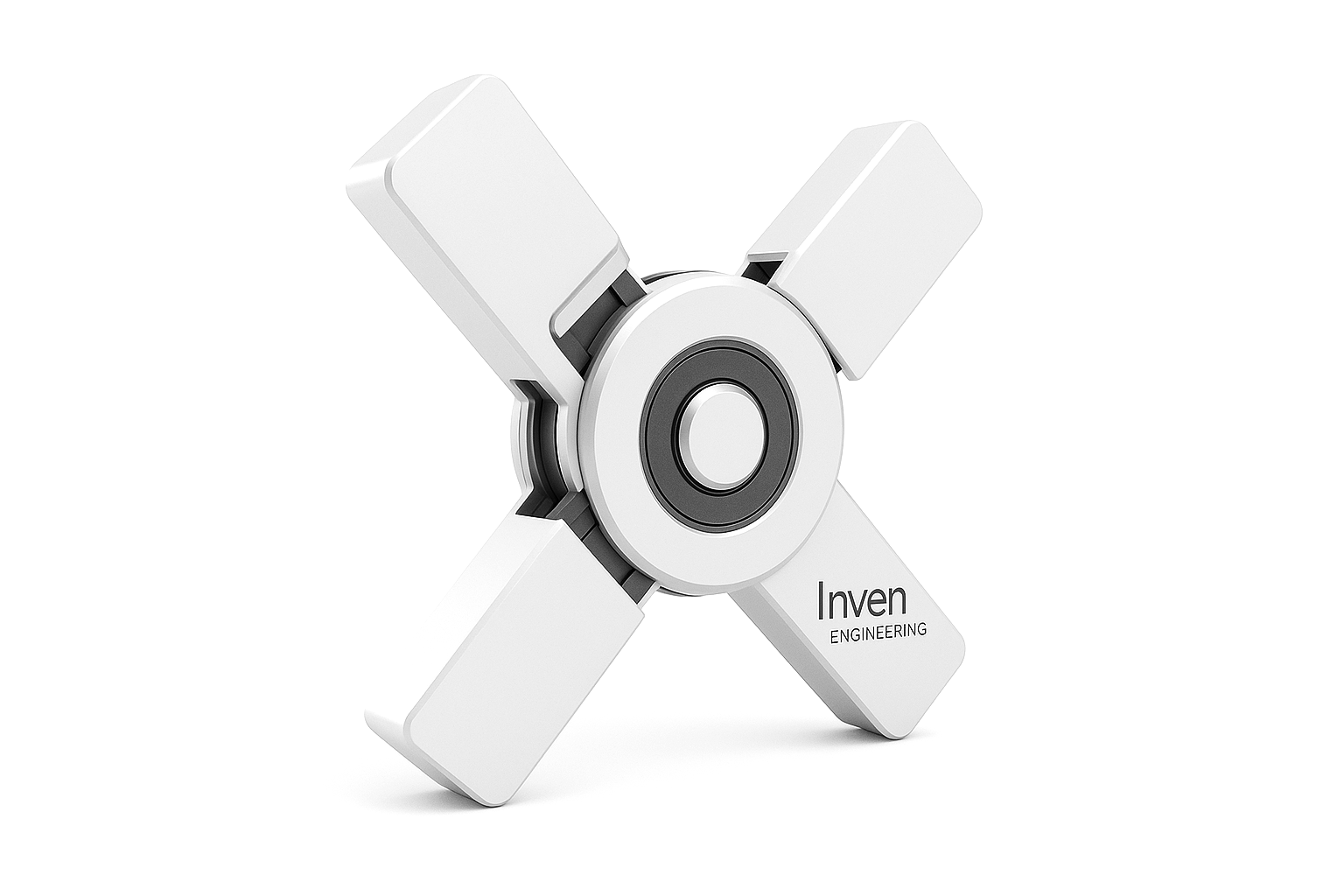 Futuristic concept device with a four-arm mechanical design and central rotating hub.