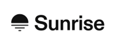 Sunrise logo with a black semi-circle representing the sun and purple lines beneath it, next to the word 'Sunrise' in bold black letters.