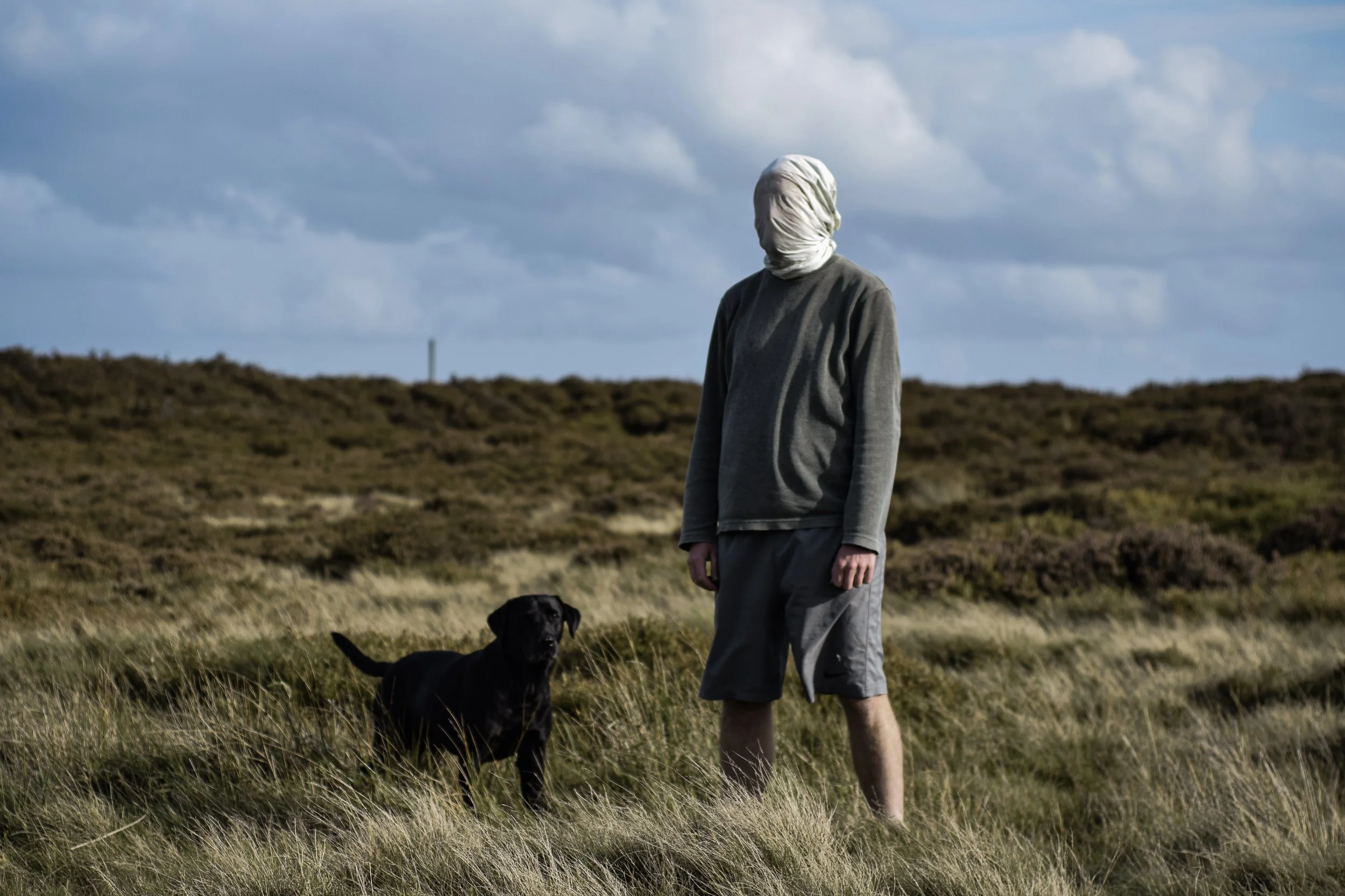 Person standing in grassy field with a black dog, facing slightly away, with a cloudy sky overhead.
