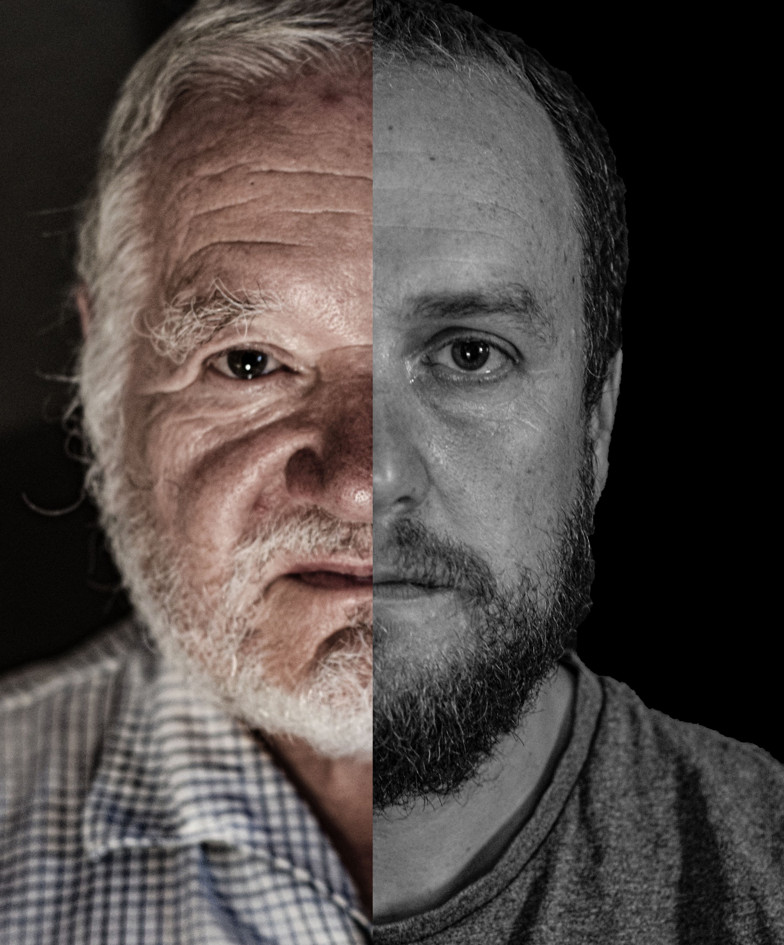 Half of an elderly man with white hair and beard on the left, and half of a middle-aged man with dark hair and beard on the right, both facing forward against a dark background.