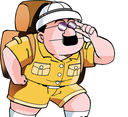 Cartoon character of a man dressed as an explorer or tourist, wearing a yellow outfit, sunglasses, and a backpack.
