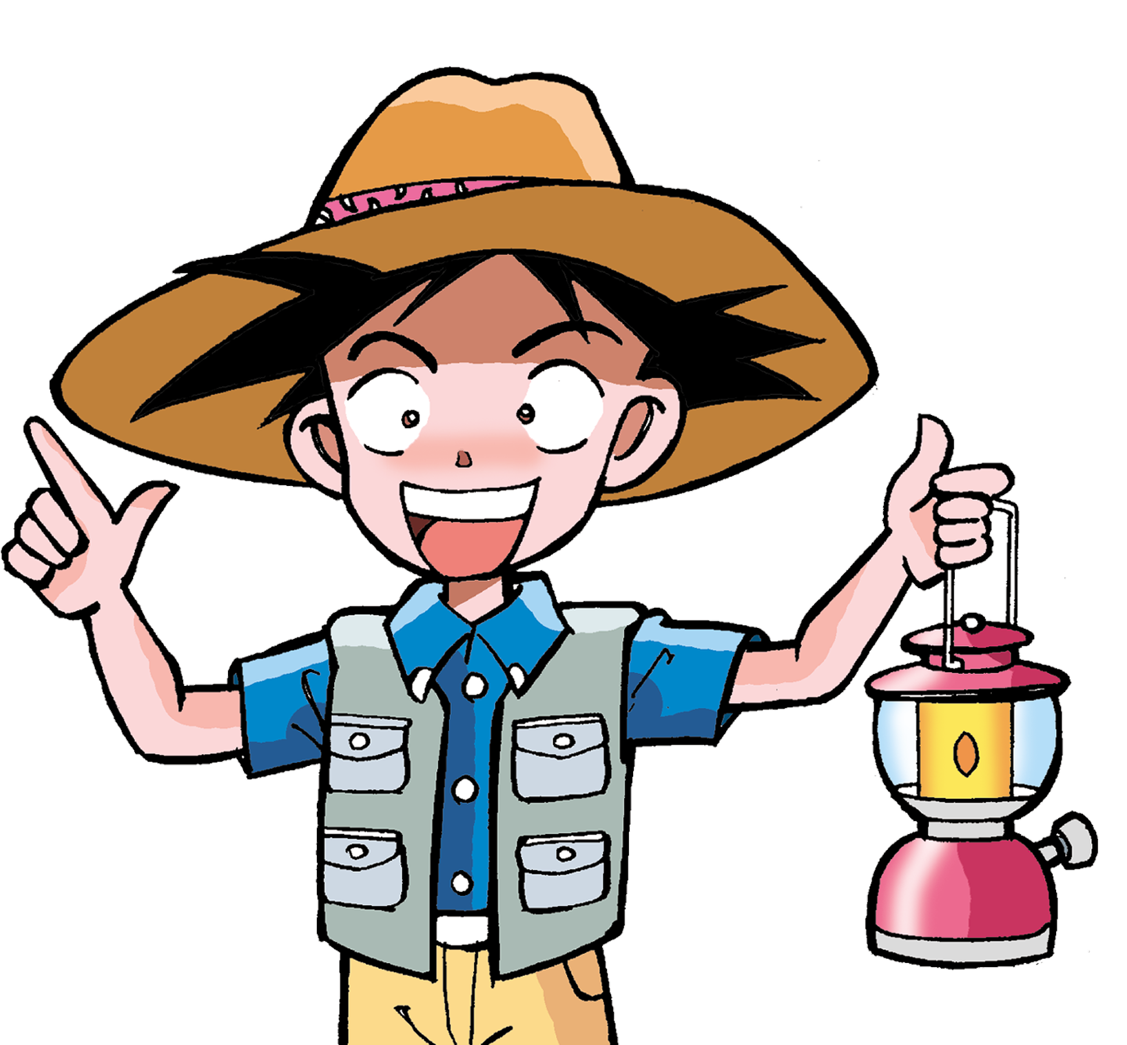 Cartoon boy wearing a big straw hat, blue shirt, and gray vest, smiling and pointing at a pink camping lantern.