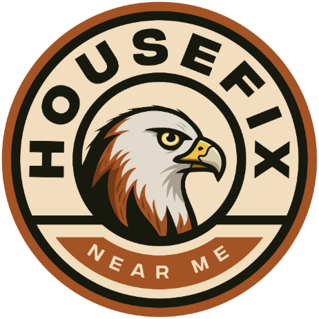 A circular logo with an eagle's head in the center, surrounded by the text 'House Fix Near Me'.