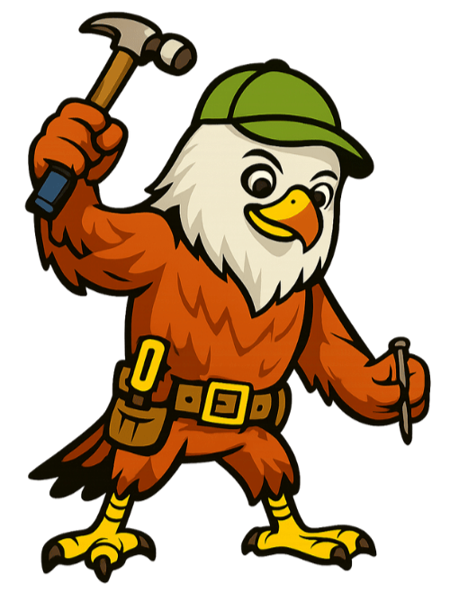 Cartoon eagle dressed as a lumberjack, holding a hammer in one wing and a nail in the other, wearing a green cap and a brown work outfit with a tool belt.