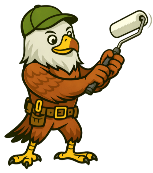 A cartoon eagle character dressed as a handyman wearing a green cap, brown work clothes, and holding a paint roller.