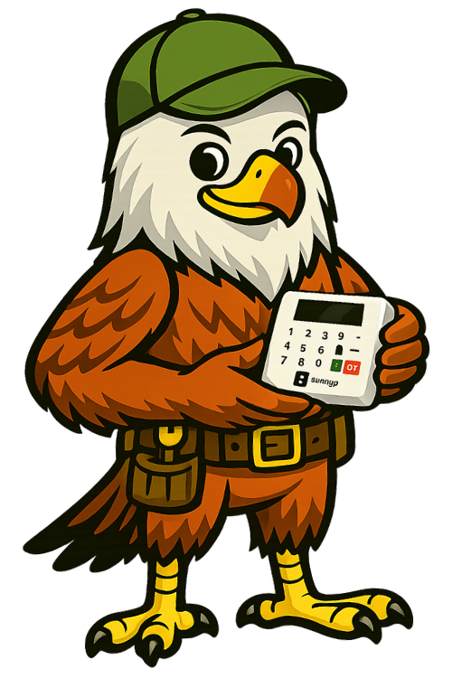 Animated eagle dressed as a ranger holding a security keypad.