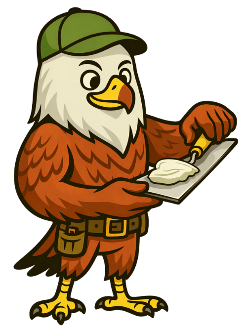 Cartoon eagle in outdoor gear spreading cream cheese on a bagel.