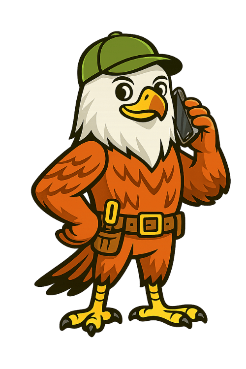 Cartoon eagle wearing a green cap and utility belt, holding a cell phone to its ear.