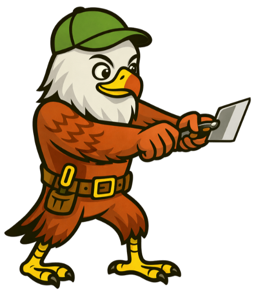 Cartoon eagle dressed as a hiker using a smartphone