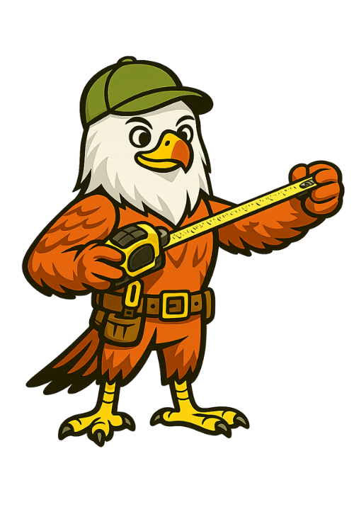 Cartoon eagle dressed as a construction worker, holding a measuring tape and wearing a green helmet.