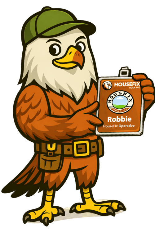 Cartoon eagle with a green cap holding a HouseFix worker ID badge that says Robbie in front of a black background.