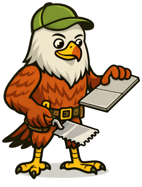 Cartoon eagle holding a saw and a tablet, wearing a green cap.