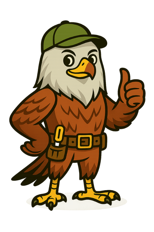 Cartoon eagle character wearing a green cap, brown explorer outfit, and giving a thumbs-up.