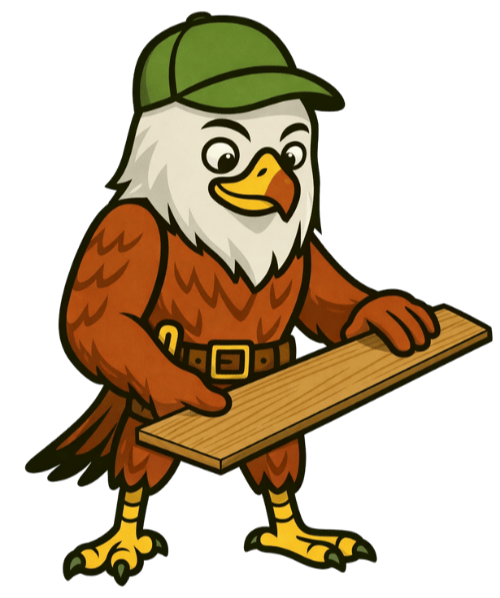 Cartoon eagle wearing a green cap and holding a wooden plank.