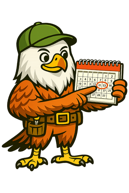Cartoon eagle dressed as an explorer holding a calendar marked on the 13th.
