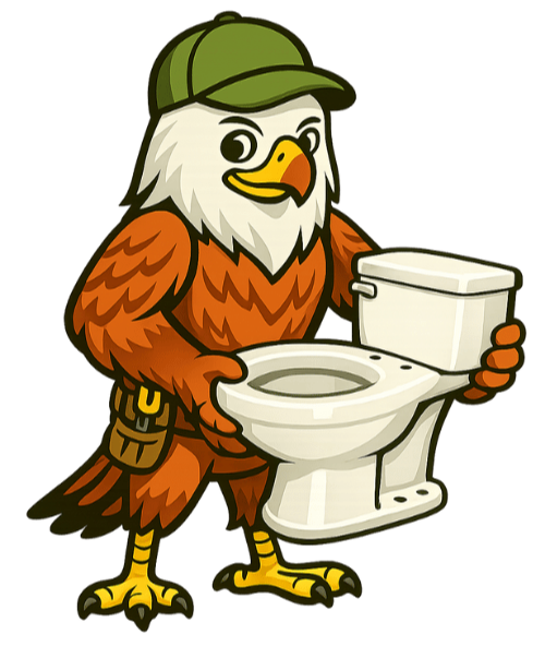 Cartoon eagle wearing a green cap standing next to a toilet in a humorous style.