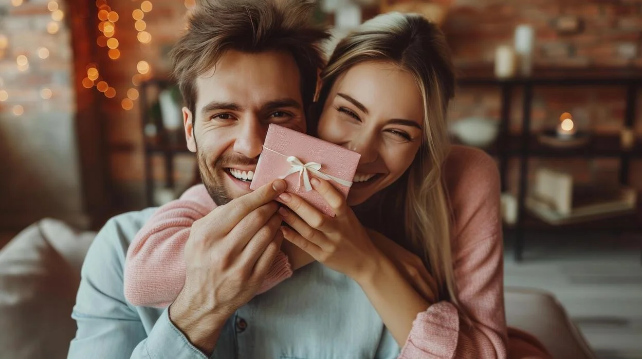 ai-generated-a-beautiful-woman-gives-a-greeting-card-to-her-beloved-manin-the-living-room-of-the-house-free-photo.jpeg