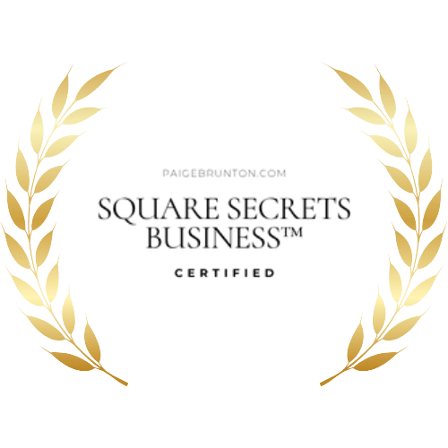 Laurel containing badge and certification for completion of  Square secret business high level squarespace business certification