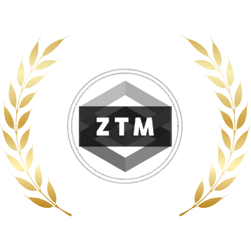 Laurel containing badge and certification from Zero to Mastery UX and UI online university study - awarded for completing course and all high level practicals