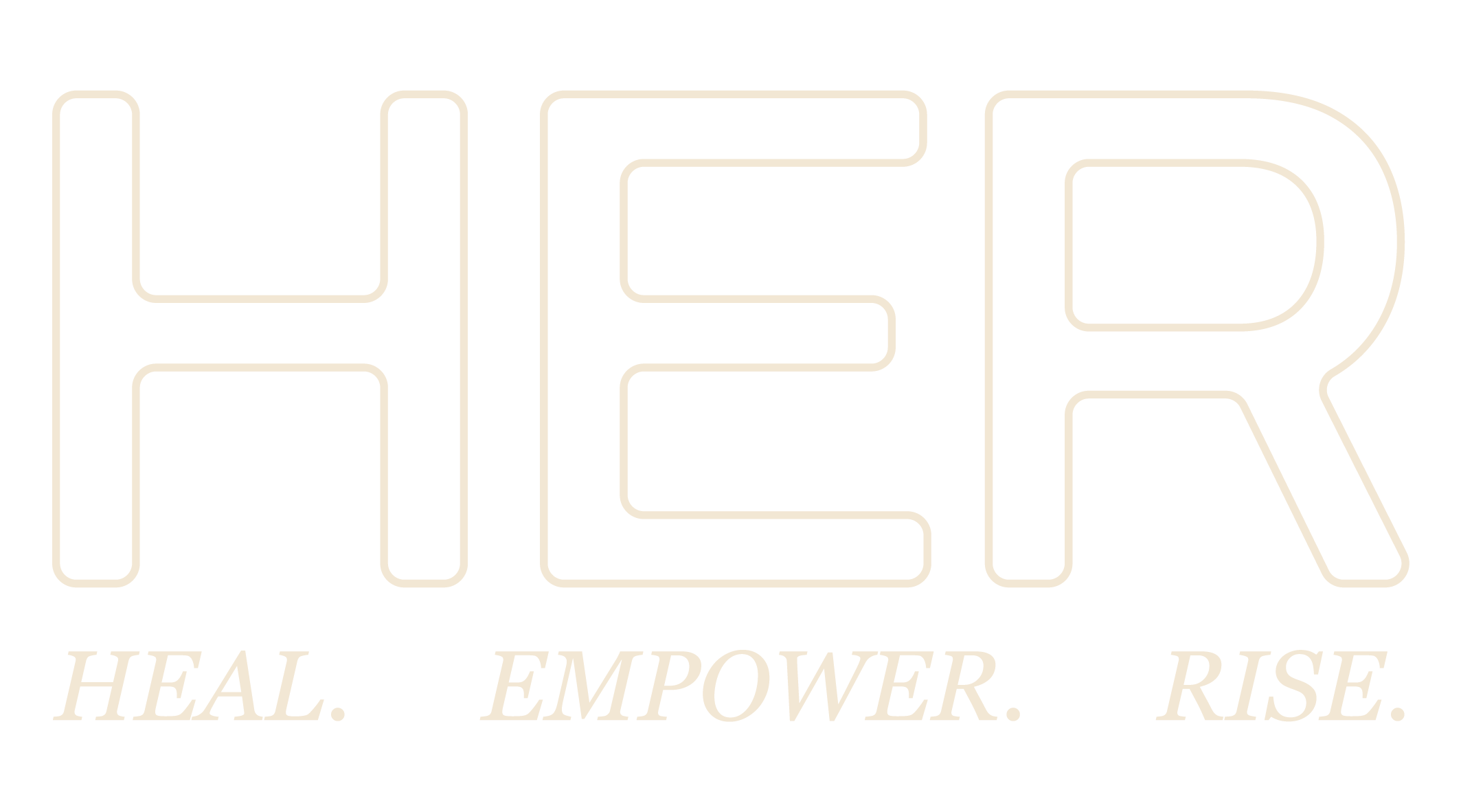 Neon-Schild mit den Worten HEAL, EMPOWER, RISE und großen, leuchtenden Buchstaben HIER auf schwarzem Hintergrund.