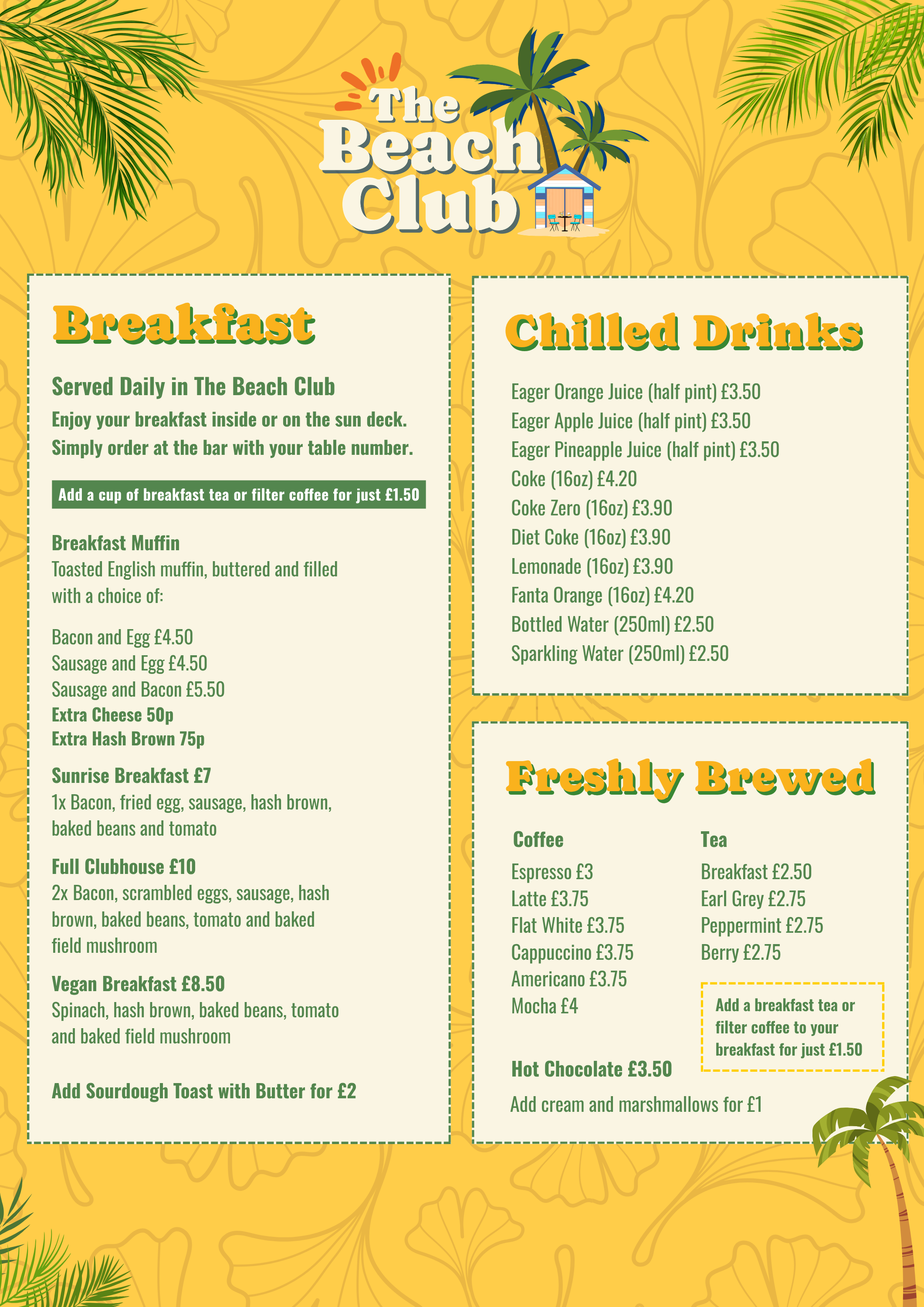 Menu from The Beach Club featuring breakfast options, chilled drinks, and freshly brewed beverages with tropical design elements such as palm trees on a yellow background.