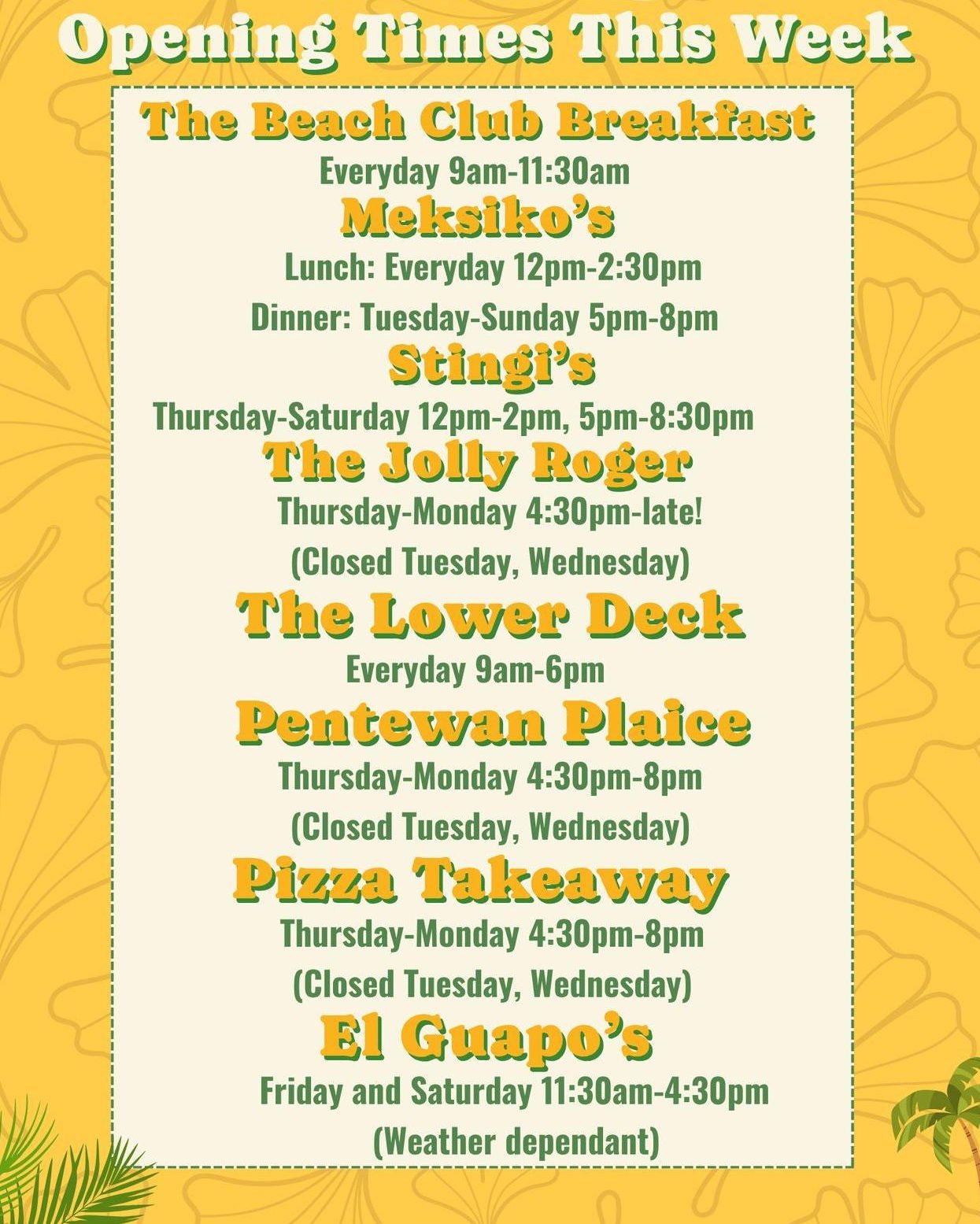 Our opening times this week!🤩

You can also check our website for any extra information that you might need!😊

www.thebeachclubcornwall.co.uk

 #cornwall #placestoeat #cornwallfood #thingstodo #restaurant