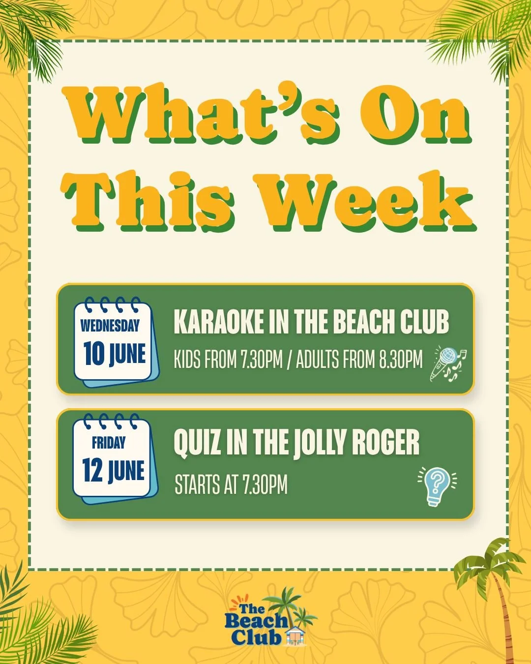 This week at The Beach Club! 🌴

Join us for another fantastic Karaoke night tomorrow 🎤 

And challenge your friends to our pub quiz at the Jolly Roger on Friday! 🏆

#whatson #thingstodo #cornwall #pub #restaurant