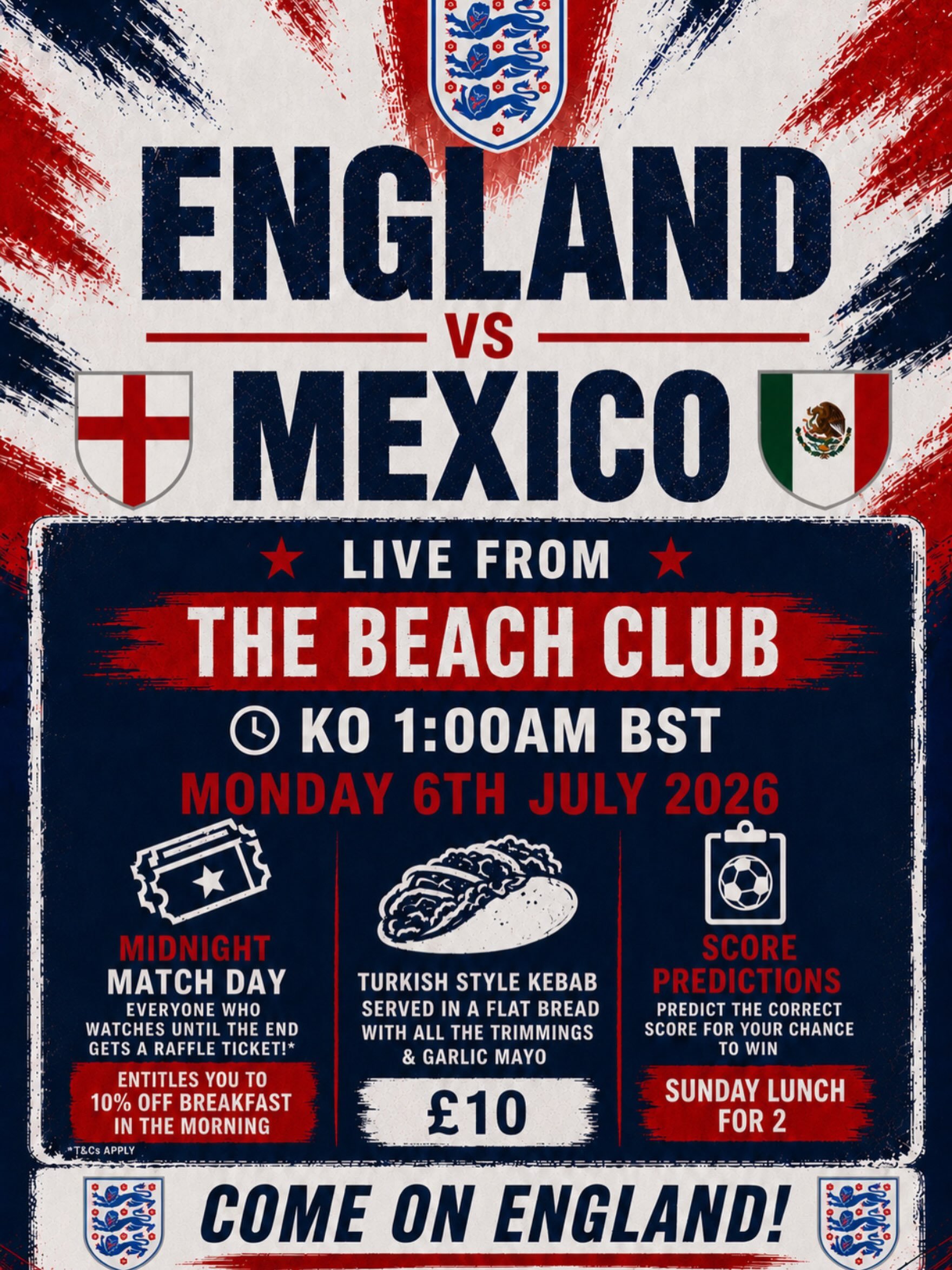 🏆 We&rsquo;re Staying Open for the Big Game!⚽

Join us at The Beach Club to watch England vs Mexico LIVE on our big screen! 

🌯 Match Night Special: Enjoy our delicious Turkish-style kebabs to keep you fuelled throughout the game.

🎟️ Stay until t