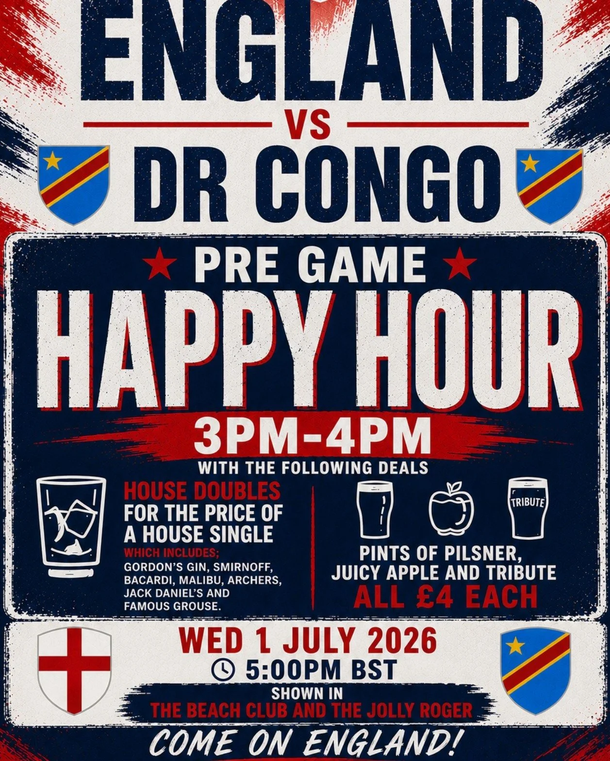 Win a breakfast for 2 at The Beach Club!🍳🍻

If you corrrectly predict the 90 minute whistle score of the next England game, you will win a breakfast for 2! Enter your prediction at the bar before the game starts!⚽

Plus, you will get 25% off all dr