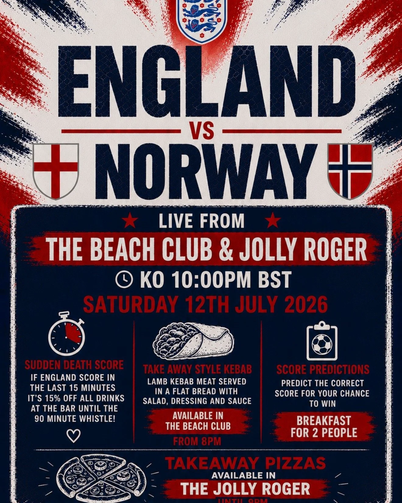 Watch the Quarter Finals this Saturday at The Beach Club &amp; Jolly Roger! ⚽🏆 Enjoy tasty kebabs and pizzas, a special offer on drinks, and if you guess the final score correctly you will win a breakfast for 2 people! ☕🍳

It's going to be lively! 