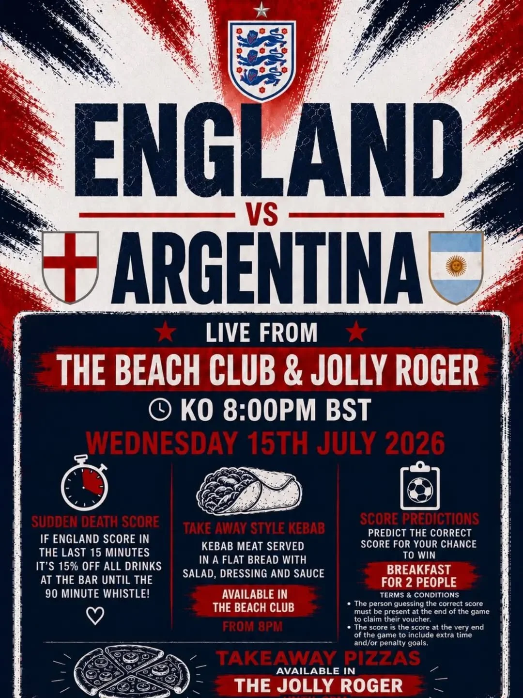Come on England! 🏴󠁧󠁢󠁥󠁮󠁧󠁿🏆 We're showing the big game at The Beach Club and the Jolly Roger, with kebabs, pizzas and plenty of drinks to celebrate! 🍻🍕

See you tomorrow!! 🙌🏻🙌🏻

#worldcup #cornwall #england #pub #worldcup2026