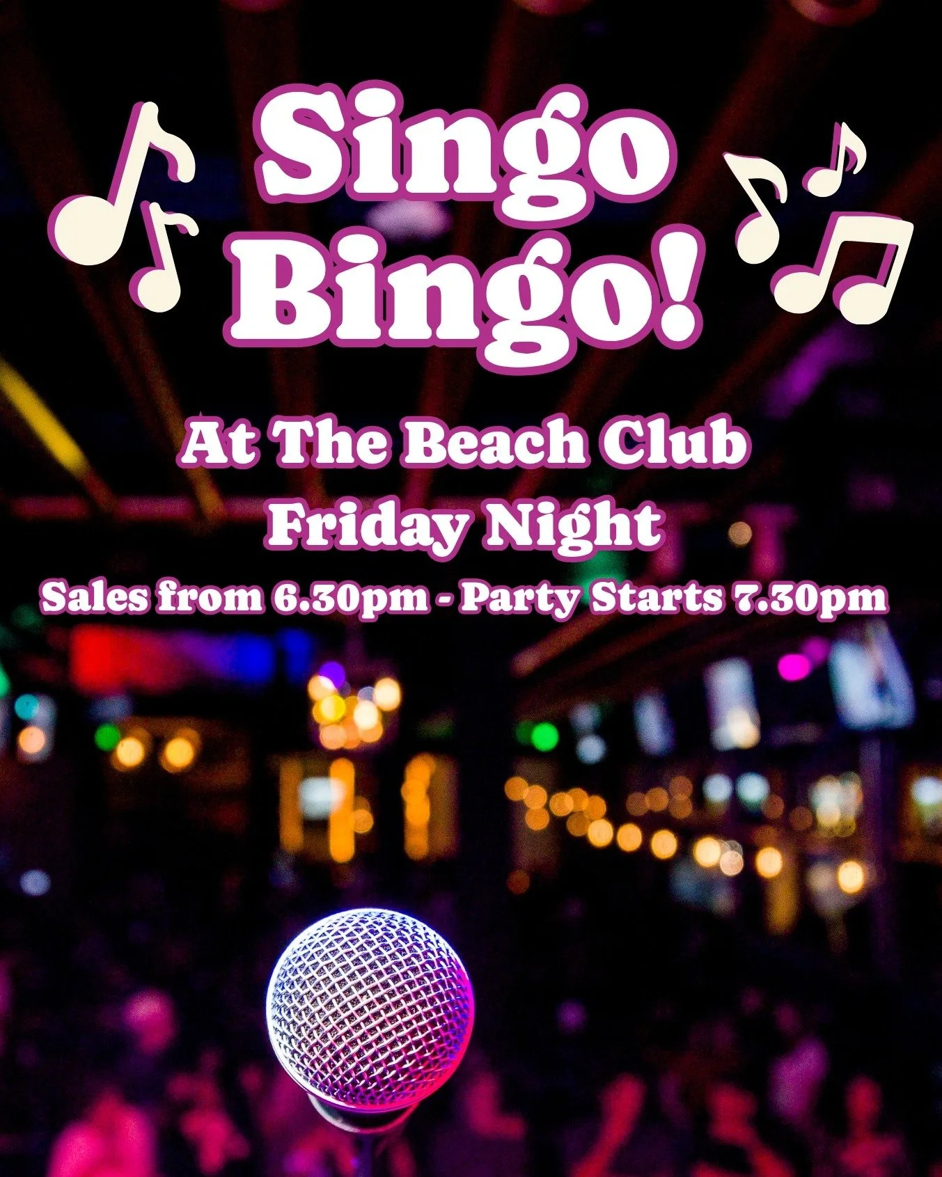 We've added a new entertainment night at The Beach Club! 🥳Join us for Singo Bingo every Friday night through the summer holidays (apart from next week when it's on a Wednesday!)

Bring your singing voices and win big prizes including a holiday!🤩

W