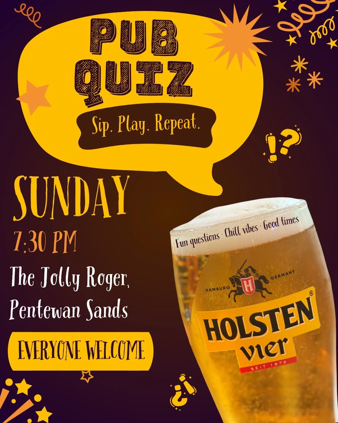 PUB QUIZ THIS SUNDAY IN THE JOLLY ROGER!

Join us for an evening of fun for all the family! See which family member or friend has the best general knowledge and the which one you should've left at home!🤣