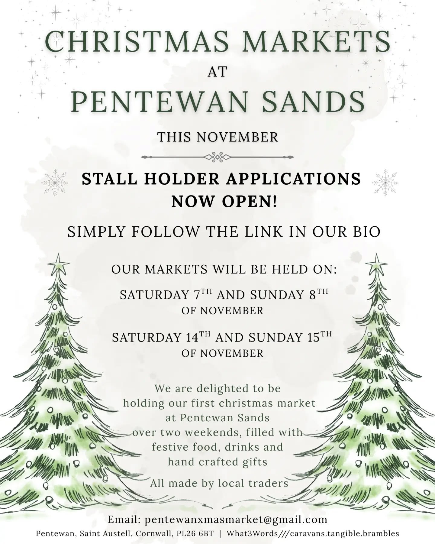 This November: Christmas Markets at Pentewan Sands! 🎄 ✨

We are super excited to announce that we will be holding two festive Christmas Market weekends here on the park in November!

Festive food and drink will be served all weekend as well as a mar