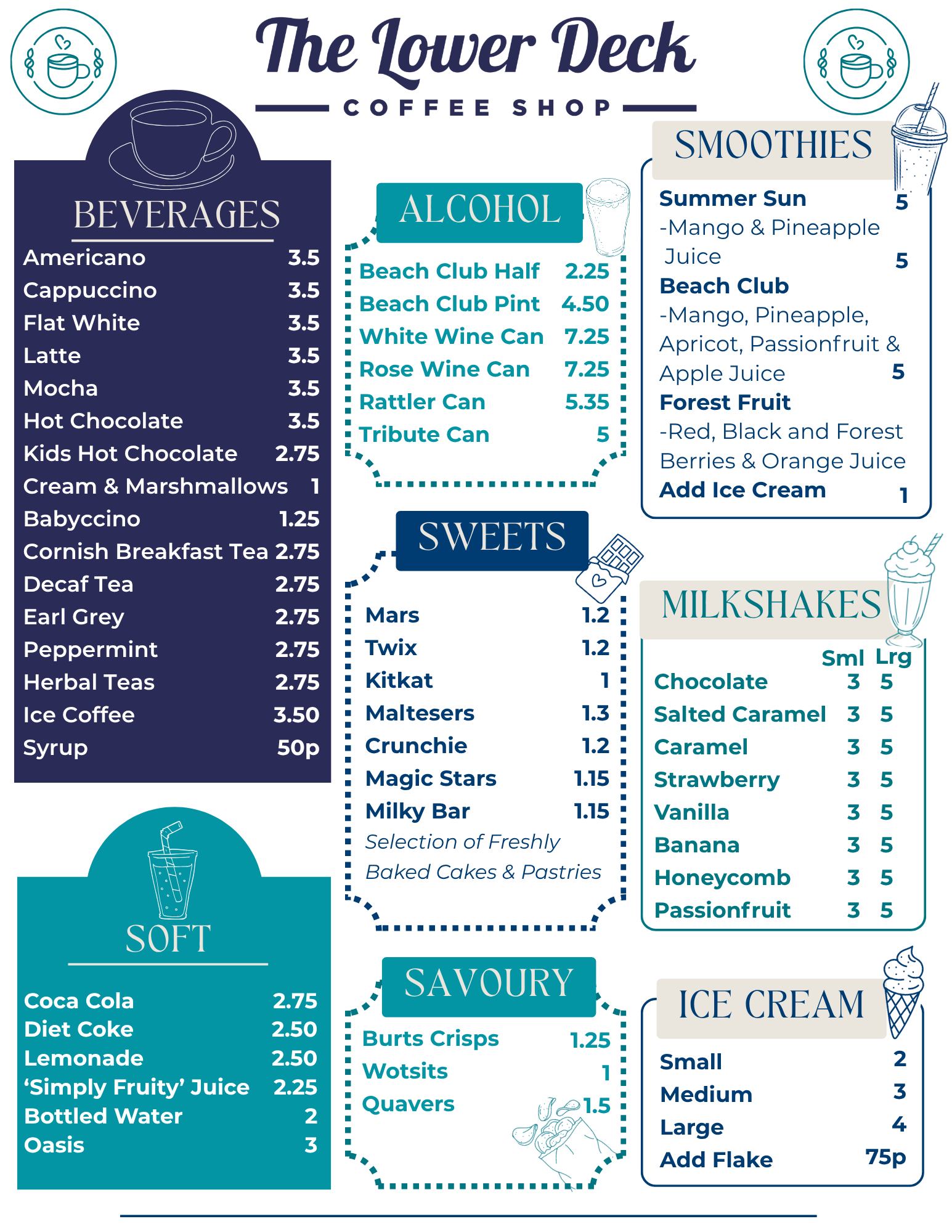 Menu from The Lower Deck Coffee Shop featuring sections for beverages, alcohol, smoothies, sweets, soft drinks, savories, and ice cream, with prices listed for various items.