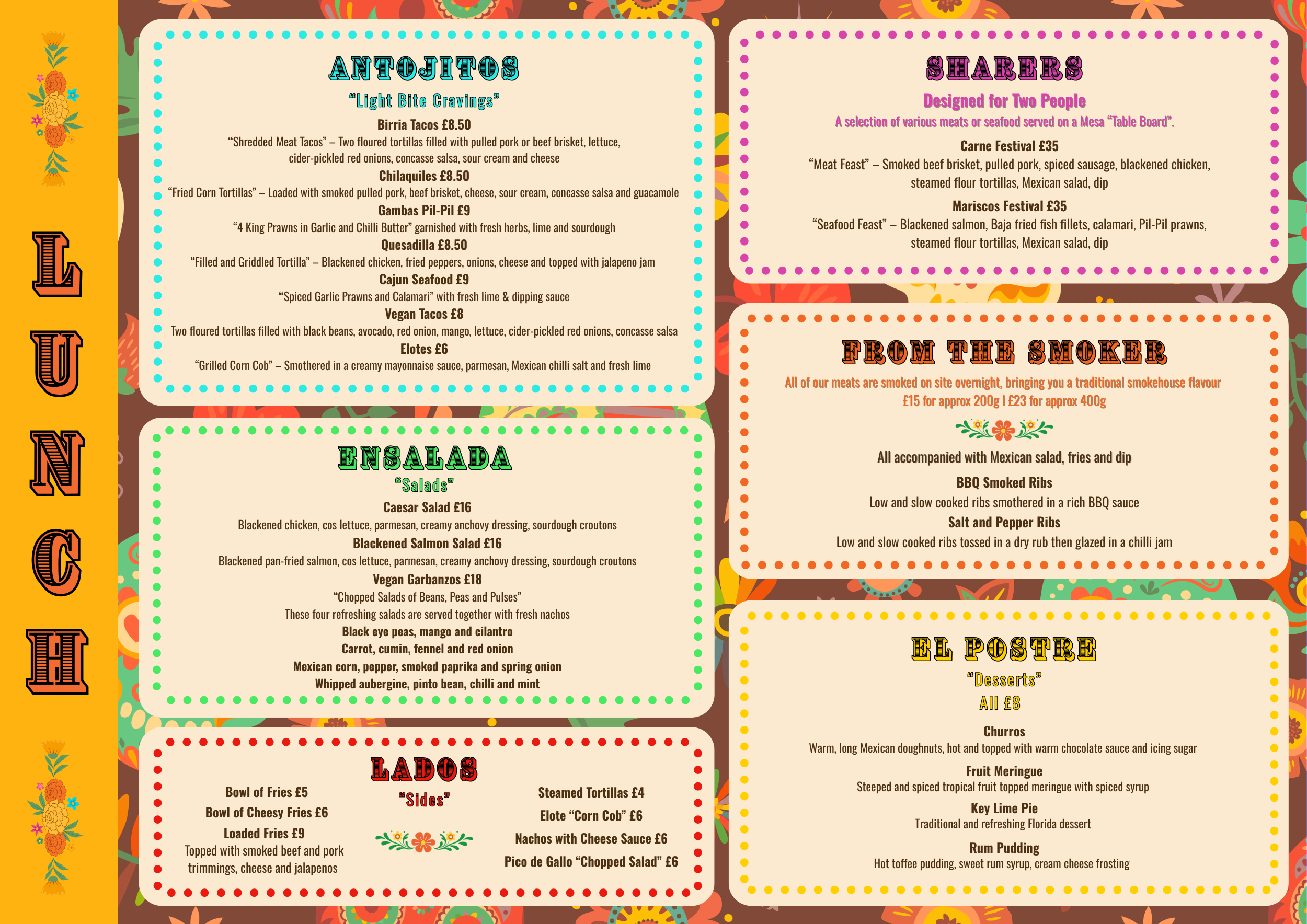 Colorful menu with Mexican cuisine items, including sections for snacks, salads, sides, sharers, from the smoker, desserts, and drinks, featuring descriptions and prices.