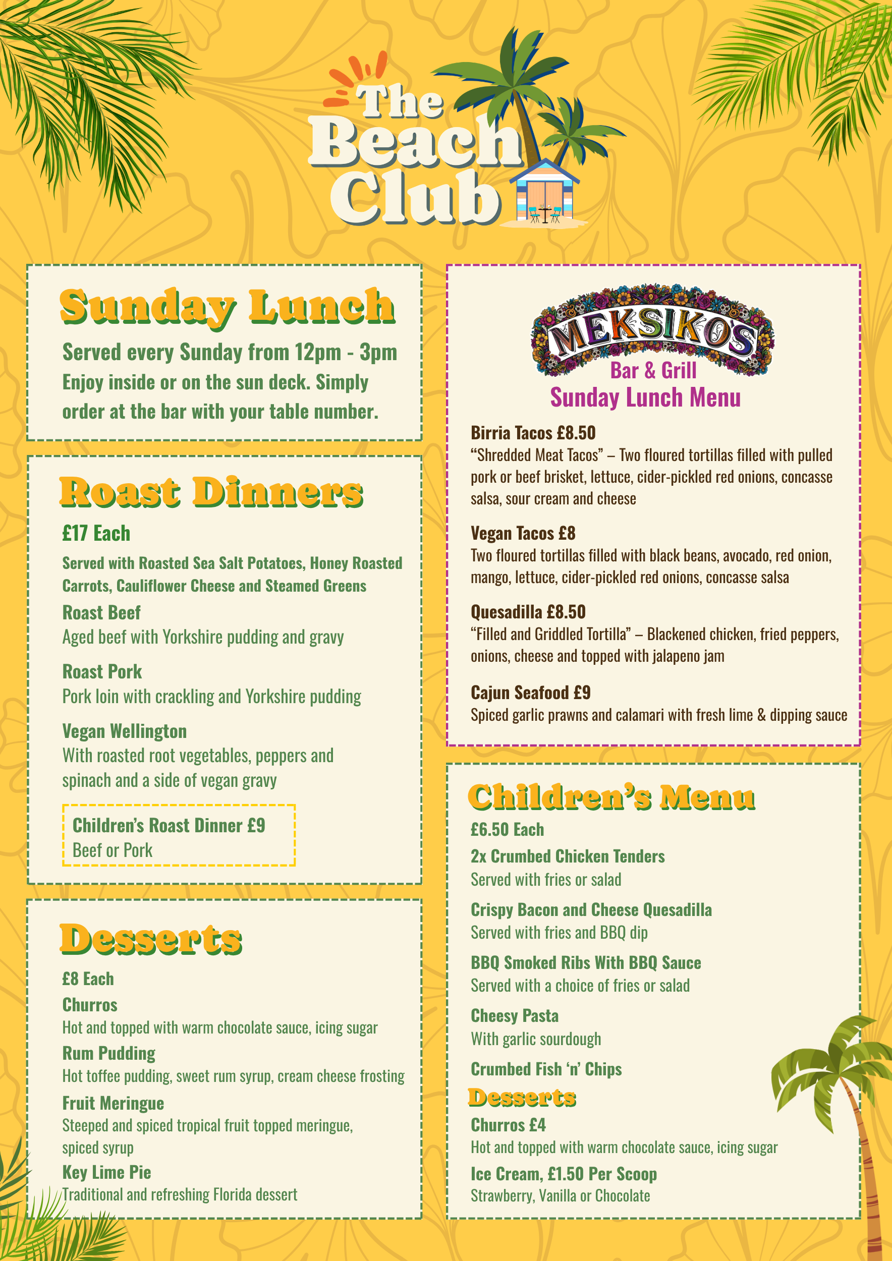 Bright, tropical-themed beach club menu with illustrations of palm trees and a beach hut, listing Sunday lunch, roast dinners, children's menu, desserts, and drinks.
