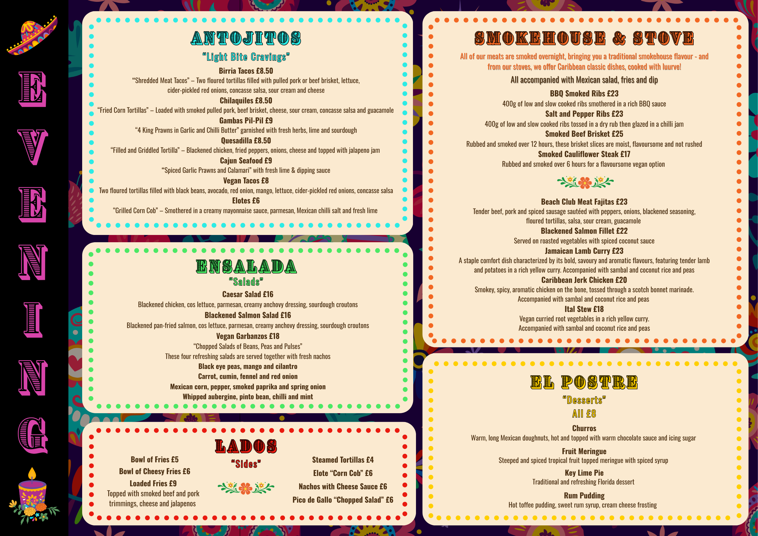 A colorful restaurant menu with sections for Antojitos, Sides, Smokehouse & Stove, and Desserts. The menu features items like Birria Tacos, Gambas Pil-Pil, Vegan Tacos, and various smoked meats and desserts.