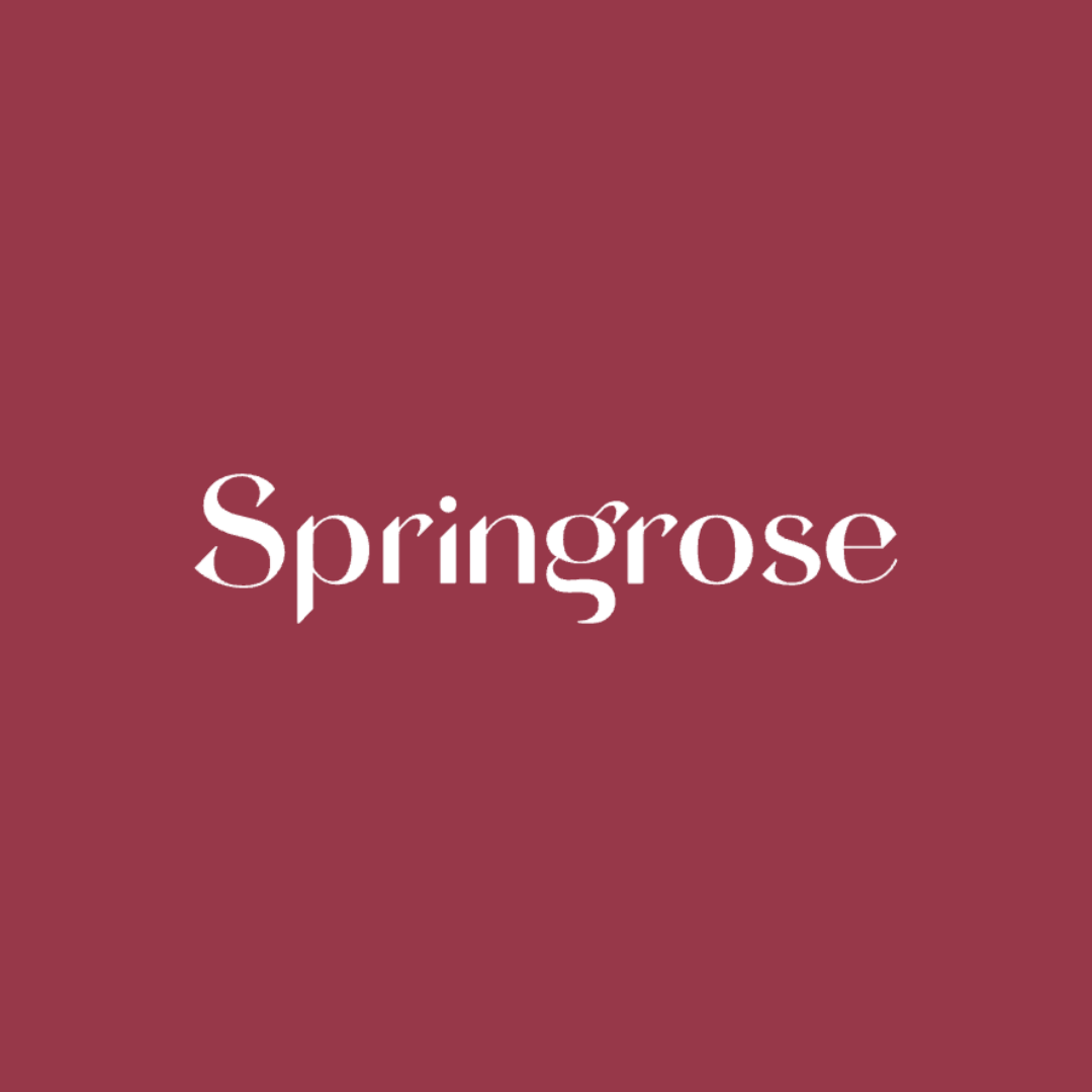 A maroon background with the word 'Springrose' written in white, elegant font in the center.