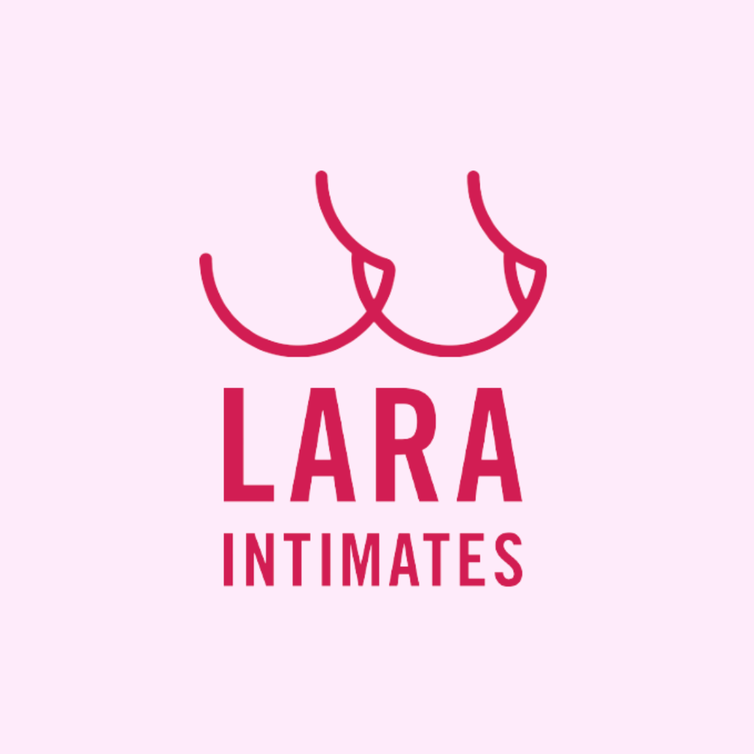 Logo with two stylized breasts above the text 'LARA INTIMATES' in pink letters, on a light pink background.