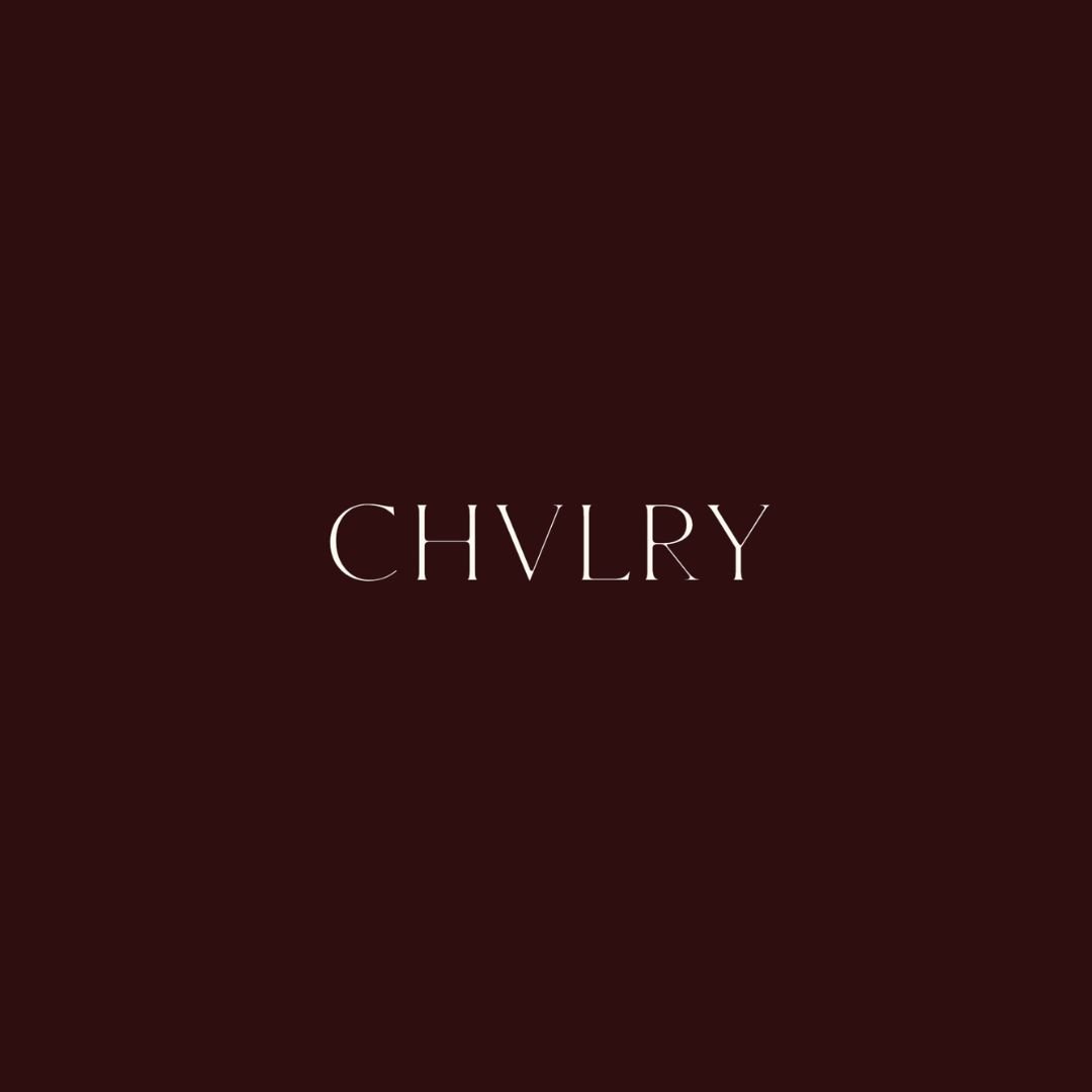 Dark red background with the word 'CHVLRY' in white, elegant font in the center.