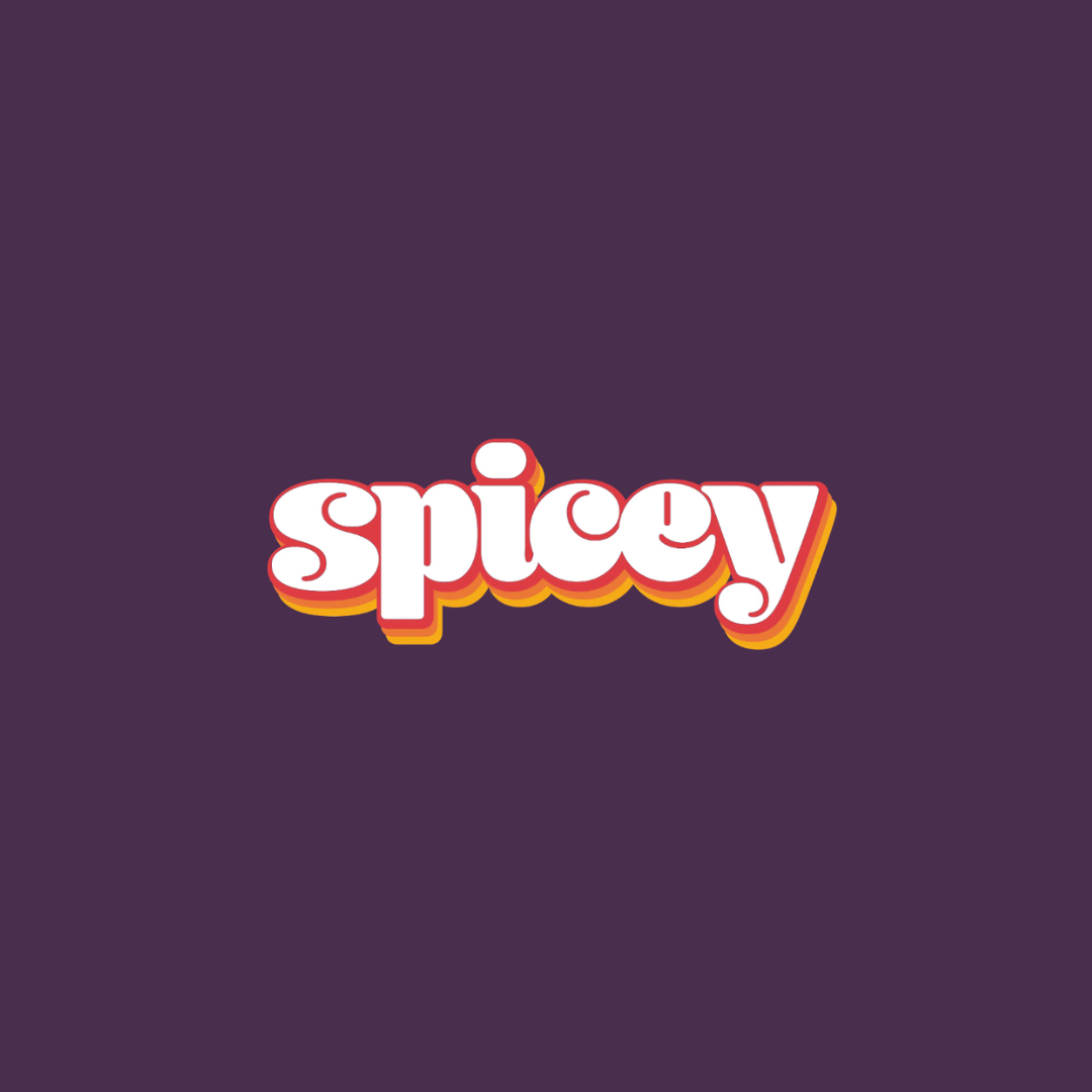 Bold, colorful text spelling 'spicy' on a dark purple background.